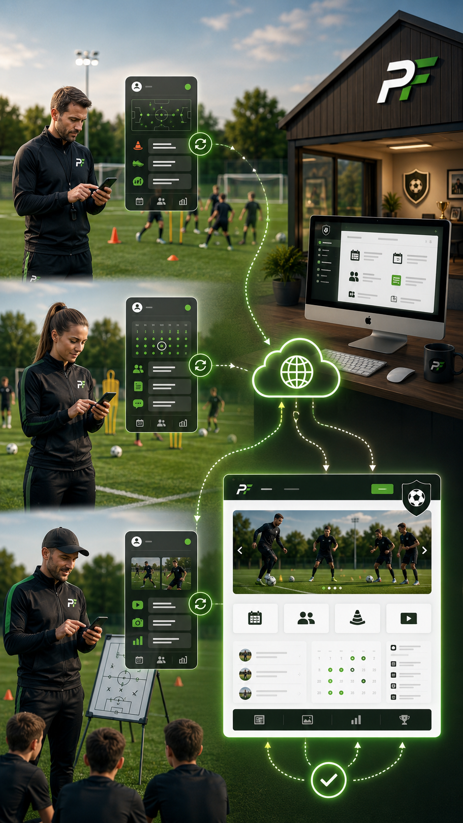 Los entrenadores mantienen sus datos en el campo; PracticaFutbol sincroniza la información autorizada con el Club-Hub y la web del club.