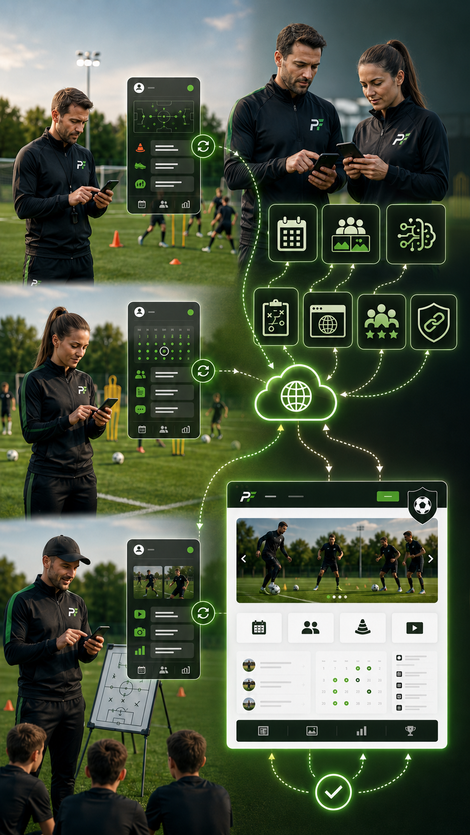Entrenador y entrenadora usan la app; los símbolos muestran calendario, imágenes de equipo, importación con IA, planificación, página propia, feedback y conexión con el Club Hub.